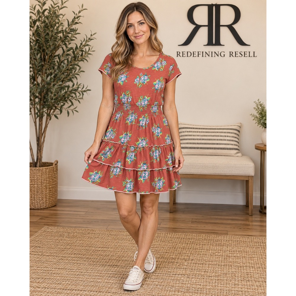 Matilda Jane Floral Tiered Ruffle Mini Dress Smocked Waist Terracotta Red S/M